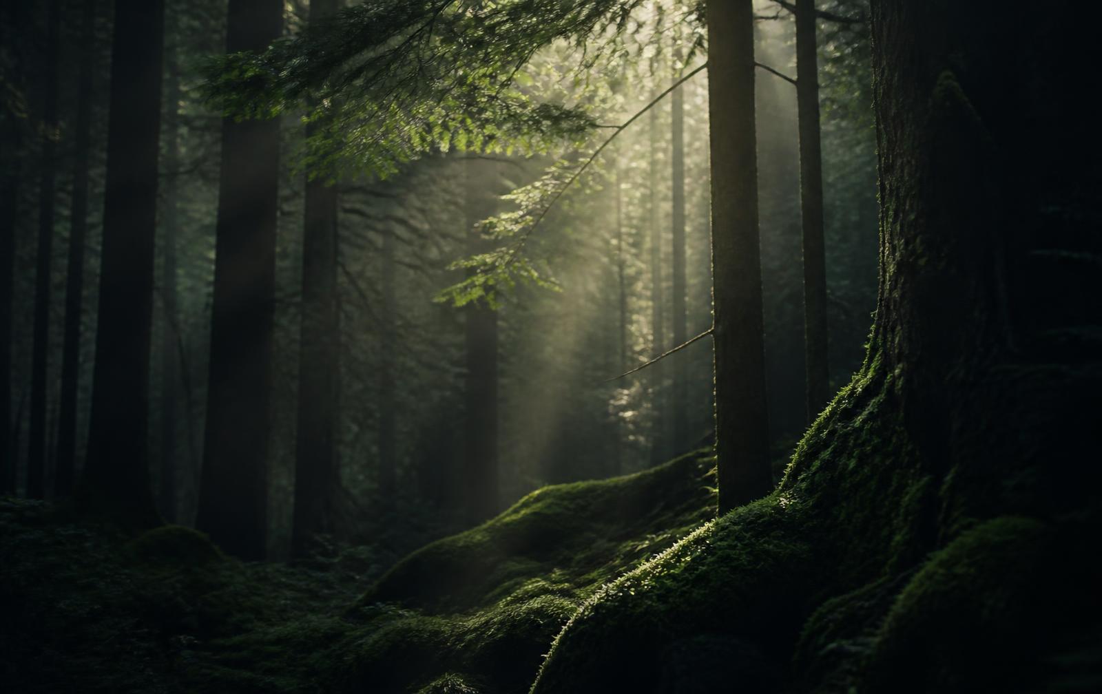 Donker bos waar zacht licht door het bladerdak valt