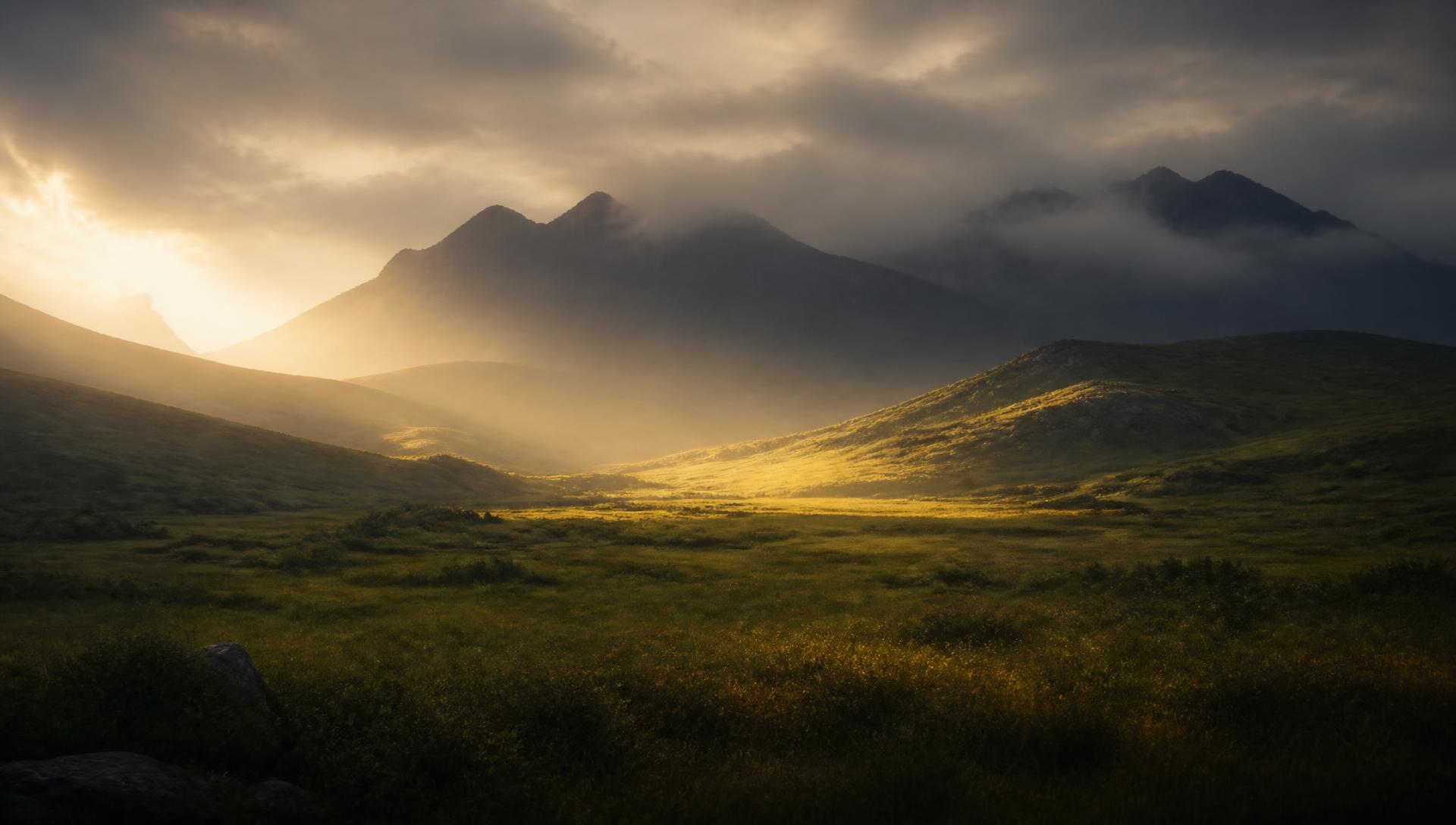 Weids landschap bij dageraad met een lichtbaan over het gras